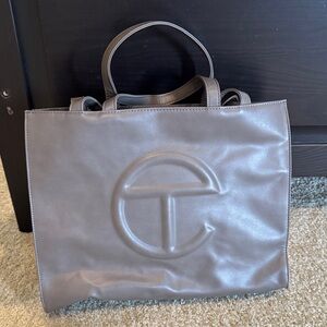 Gray Designer Tote Bag-Telfar vegan leather.